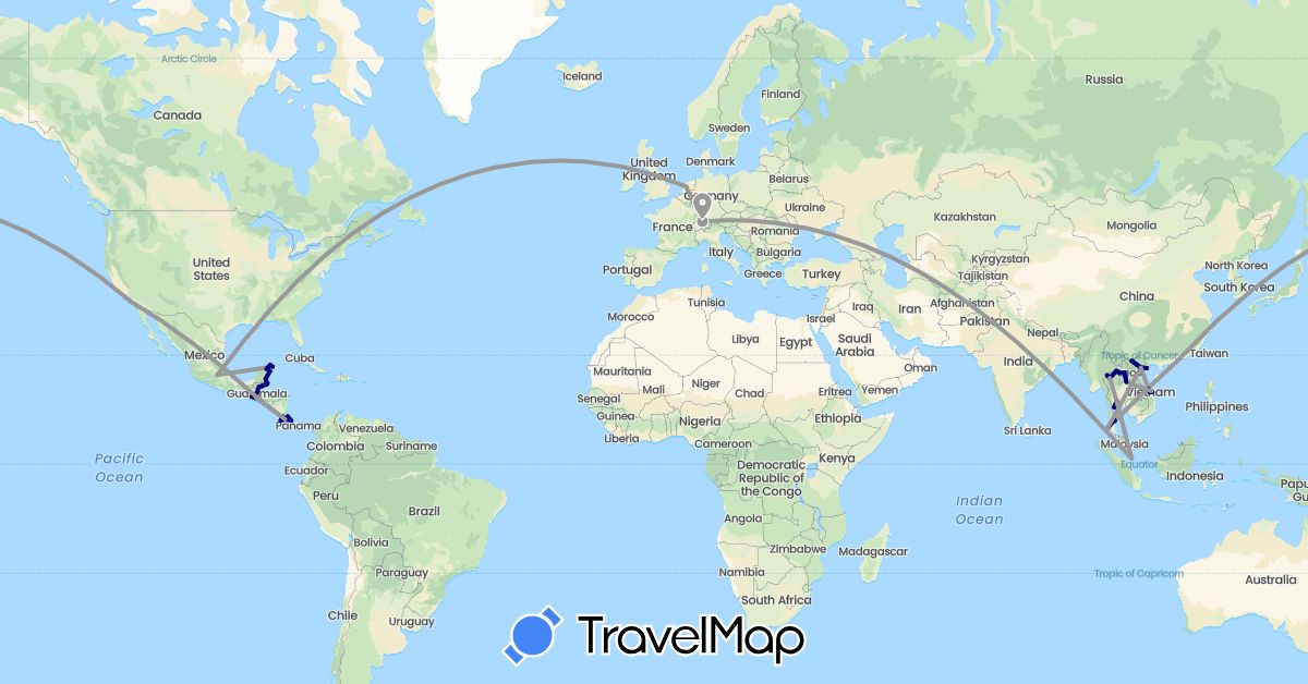 TravelMap itinerary: driving, plane in Belize, Switzerland, China, Costa Rica, Guatemala, Laos, Mexico, Netherlands, Singapore, El Salvador, Thailand, United States, Vietnam (Asia, Europe, North America)